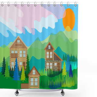 Personality  Alpine Landscape With Log Homes. Shower Curtains