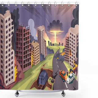 Personality  Nuclear Bomb Explosion, War Ruined Burning City Shower Curtains