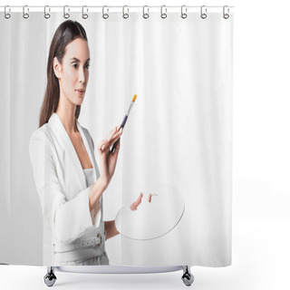 Personality  Adult Beautiful Woman In Total White Posing With Palette And Paintbrush Shower Curtains