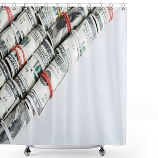 Personality  Dollar Banknotes In Cash Rolls With Colorful Rubber Bands On White  Shower Curtains