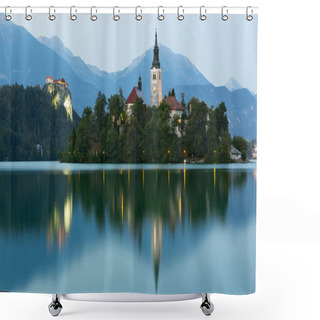 Personality  Bled Island And Bled Castle At Dusk, Bled, Slovenia Shower Curtains