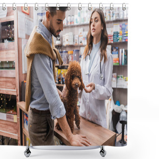Personality  Arabian Man Standing Near Poodle And Veterinarian In Pet Shop Shower Curtains
