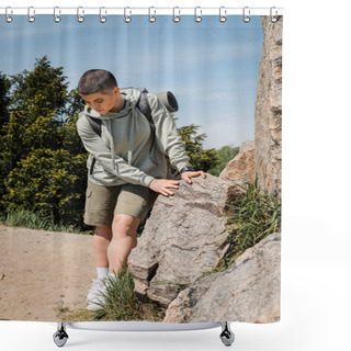 Personality  Young Short Haired Female Hiker In Casual Clothes With Backpack Looking At Sneakers While Standing Near Stones With Trees And Blue Sky At Background, Trekking Through Rugged Terrain Shower Curtains