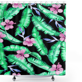 Personality  Seamless Banana Leaves Pattern With Hibiscus And Heliconia Flowers Shower Curtains