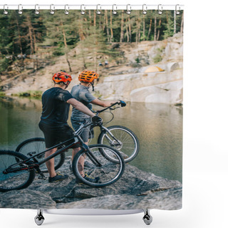 Personality  Active Young Trial Bikers Standing On Rocky Cliff In Front Of Mountain Lake Shower Curtains