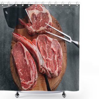 Personality  Fresh Raw Prime Black Angus Beef Steaks. Variety Of Raw Beef Meat Steaks For Grilling. Shower Curtains
