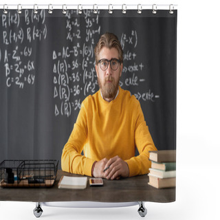 Personality  Young Bearded Teacher Of Algebra Sitting By Table Against Blackboard With Formulas And Equations During Online Lesson In Classroom Shower Curtains