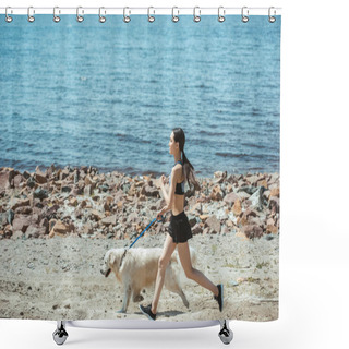 Personality  Side View Of Asian Sportswoman Jogging With Dog On Beach  Shower Curtains