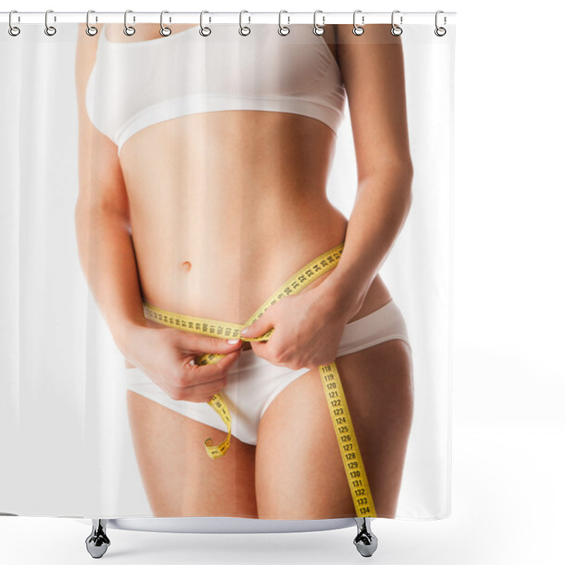Personality  Woman measuring her body shower curtains