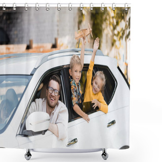 Personality  Smiling Man Looking At Camera Near Wife And Kids With Toy In Car  Shower Curtains