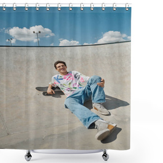 Personality  A Young Skater Boy Gracefully Sits On His Skateboard, Skillfully Maneuvering Through The Skate Park On A Sunny Summer Day. Shower Curtains