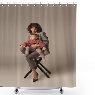 Personality  Balanced Lifestyle, Career And Family, Curly Woman In Suit Sitting On Chair With Daughter On Grey Background, Professional Success, Motherhood, Multitasking, Quality Time, Work Life Balance Concept  Shower Curtains