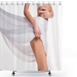 Personality  Partial View Of Silk Cloth Covering Hips Of Young Woman Touching Herself With Hands Isolated On White Shower Curtains