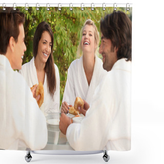 Personality  Two Couples Sharing A Joke Over Breakfast In The Garden Shower Curtains