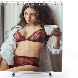 Personality  Girl In Lingerie And Shirt With Coffee  Shower Curtains