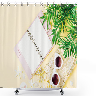 Personality  Tropical Leaves, Beach Bag With Sunglasses, Notebook And Seashells On Yellow  Background. Shower Curtains