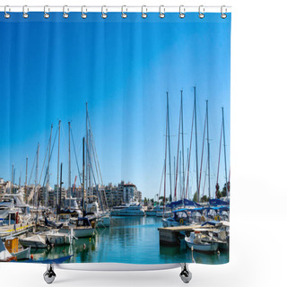 Personality  PIRAEUS, GREECE - APRIL 10, 2020: Sunshine On Docked Yachts In Aegean Sea Against Blue Sky  Shower Curtains