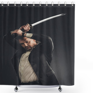 Personality  Serious Mature Man In Suit With Katana Sword Isolated On Black Shower Curtains