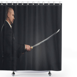 Personality  Side View Of Man In Suit With Katana Sword Isolated On Black Shower Curtains