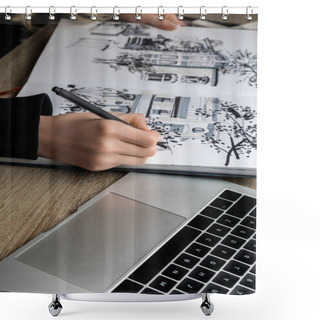 Personality  Selective Focus Of Womans Hands Drawing In Album On Wooden Table Next To Laptop Shower Curtains