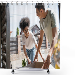 Personality  Cheerful African American Woman Unpacking Carton Box With Boyfriend Near New House Outdoors Shower Curtains