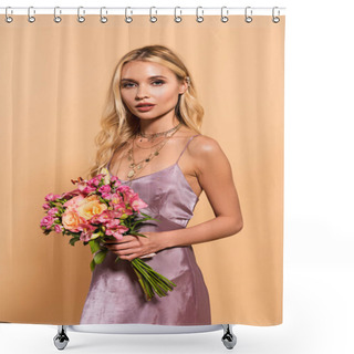 Personality  Elegant Blonde Woman In Violet Satin Dress And Necklace Holding Bouquet Of Flowers Isolated On Beige Shower Curtains