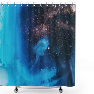 Personality  Full Frame Image Of Mixing Turquoise, Blue And Black Paint Splashes In Water With Universe Background Shower Curtains