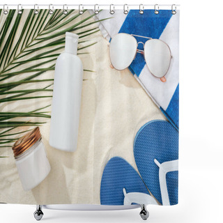 Personality  White Sunscreen Lotion And Cream Near Green Palm Leaf On Sand With Blue Flip Flops, Sunglasses And Towel Shower Curtains