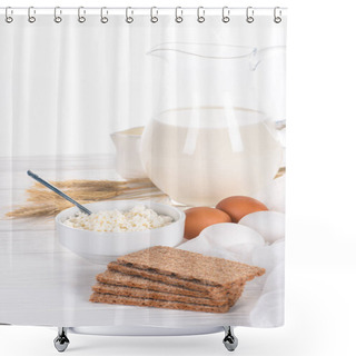 Personality  Close-up View Of Crispy Crackers, Eggs, Milk And Cottage Cheese On Wooden Table  Shower Curtains