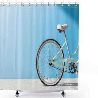 Personality  Back Wheel Of Bicycle Standing On Carpet In Front Of Blue Wall Shower Curtains