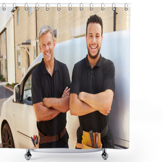Personality  Young And A Middle Aged Tradesmen By Their Van Shower Curtains