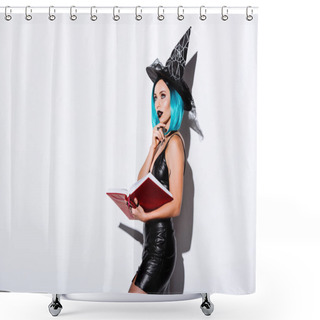 Personality  Pensive Sexy Girl In Black Witch Halloween Costume With Blue Hair Holding Book On White Background Shower Curtains