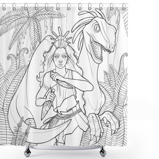 Personality  A Cute Wild Girl Stands In An Attacking Position Under The Protection Of Her Friend Velociraptor Shower Curtains
