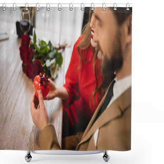 Personality  Bearded Man Giving Heart-shaped Present With Bow To Happy Girlfriend On Valentines Day  Shower Curtains