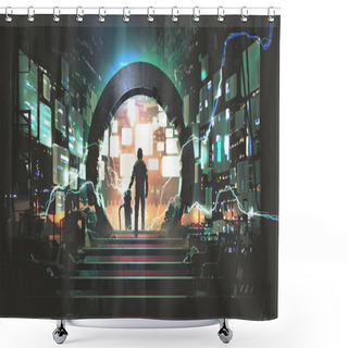 Personality  Sci-fi Concept Showing A Man Standing At The Futuristic Portal, Digital Art Style, Illustration Painting Shower Curtains