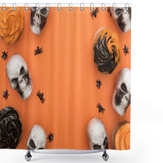 Personality  Top View Of Tasty Halloween Cupcakes With Spiders And Skulls On Orange Background With Copy Space Shower Curtains