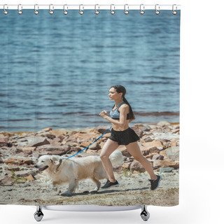 Personality  Young Asian Female Jogger Running With Golden Retriever On Beach  Shower Curtains