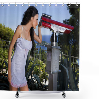 Personality  Sensual Brunette Lady Posing. Shower Curtains