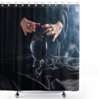 Personality  Cropped View Of Witch Performing Ritual With Crystal Ball On Black Background Shower Curtains