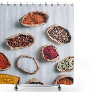 Personality  Top View Of Colorful Indian Spices In Paper Bags On White Table Shower Curtains