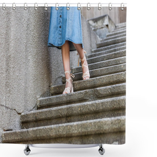 Personality  Cropped Shot Of Woman In Denim Skirt And Stylish Shoes Walking Down Steps Shower Curtains