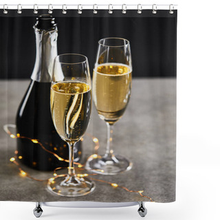 Personality  Glasses And Bottle With Champagne And Yellow Christmas Lights, On Black Shower Curtains
