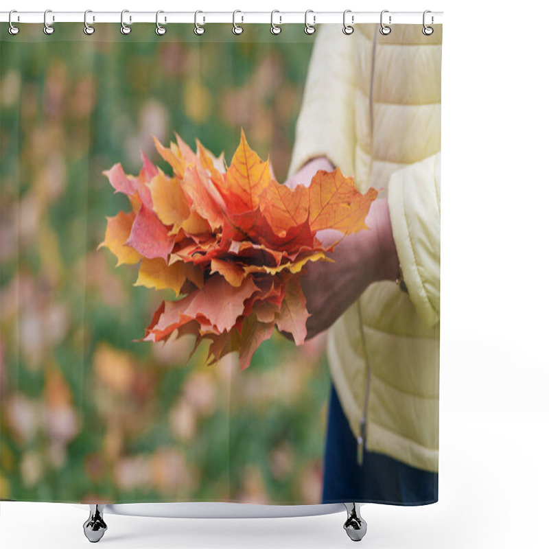 Personality  Female Walk In Autumn Park And Collect Brigth Maple Leaf Shower Curtains