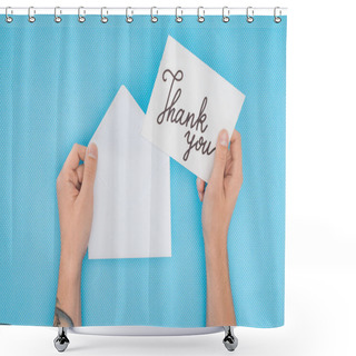 Personality  Cropped Person Holding Paper With Thank You Lettering Isolated On Blue Background Shower Curtains
