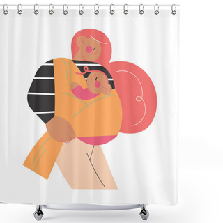 Personality  Young Happy Pink Haired Woman Mother Carrying Her Small Baby Toddler In Yellow Sling Shower Curtains
