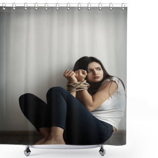 Personality  Woman With Tied Hands Sitting On Floor Against Light Wall Shower Curtains