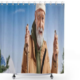 Personality  Jolly Man Dressed As Santa Standing On Skis And Looking Straight At Camera, Winter Concept, Banner Shower Curtains
