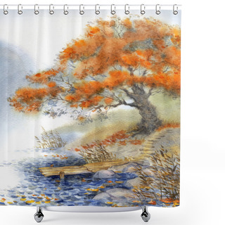 Personality  Watercolor Landscape. An Old Tree Near The Pond Shower Curtains