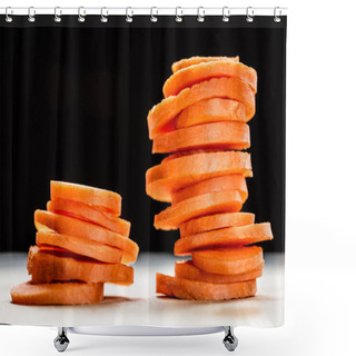 Personality  Close Up View Of Fresh Ripe Carrot Slices Isolated On Black Shower Curtains