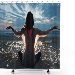 Personality  Indian Surfer Girl With Long Hair Sitting On The Beach In Lotus Pose Embracing Last Sunset Light With Open Arms Next To Surfboard Shower Curtains